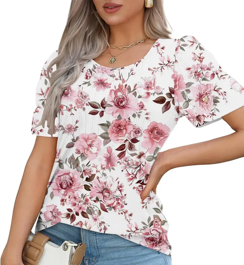 Womens Summer Pleated Front Shirts Tunics Casual Short Sleeved Loose Round Neck Boho Printed Tops Vacation Blouse