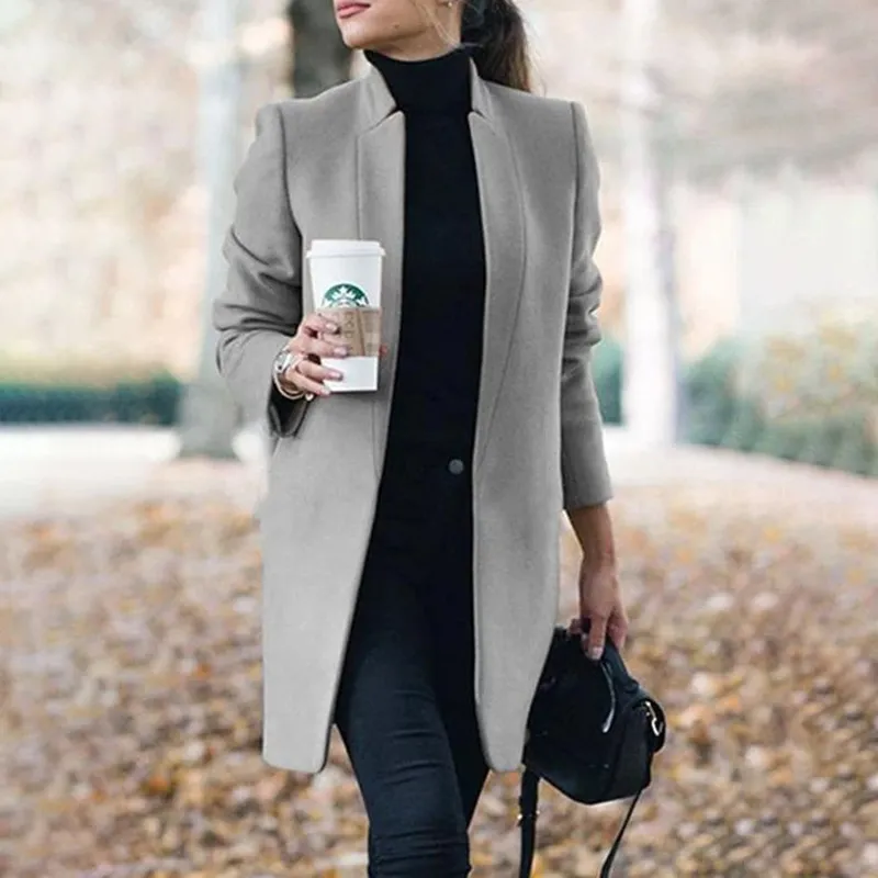 Casual Solid Color Stand Collar Long Coat