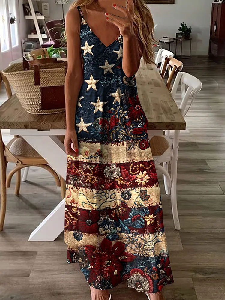 Women's Vintage Independence Day Flag Floral Art Print Casual Dress