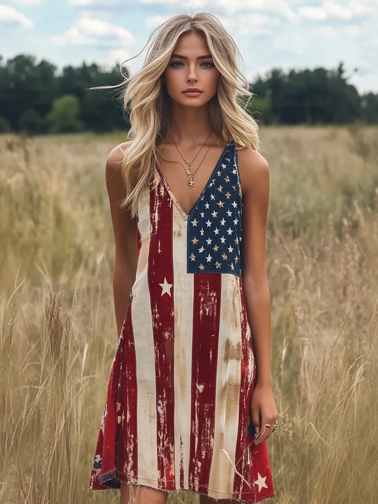 Women's Vintage Independence Day Flag Print V-neck Tank Midi Dress