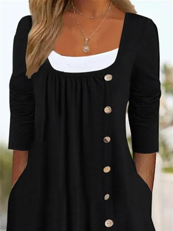 Women's Long Sleeve U-neck Button Midi Dress