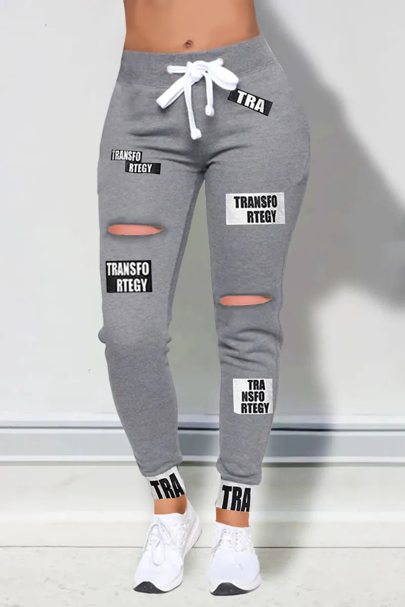Letter Print Ripped Drawstring Waist Pants