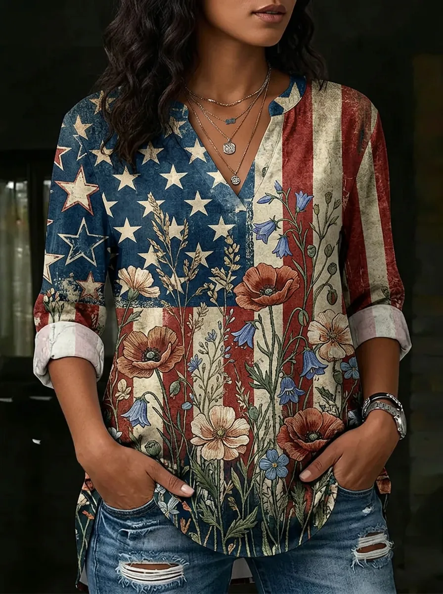Women's Nashville American Flag Floral Printed V-Neck Top