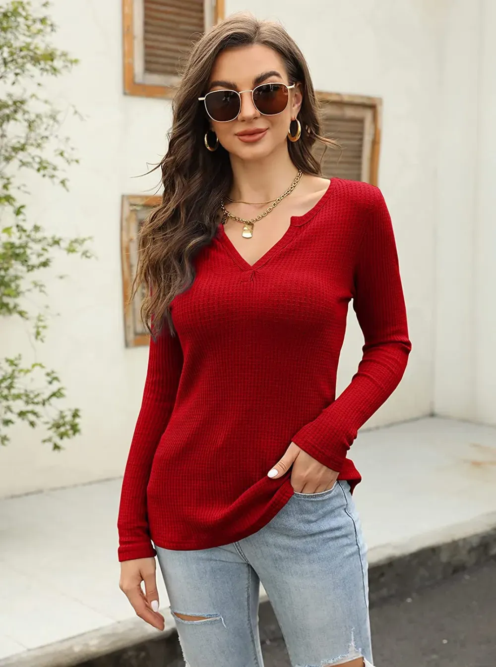 Women's V Neck Waffle Knit Henley Tops Casual Long Sleeve Pullover Sweater Blouses