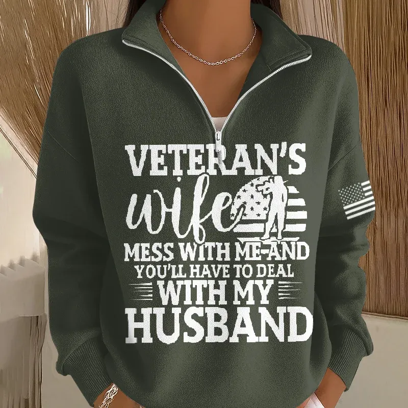 Women's Veteran Art Print Casual Zip-Up Sweatshirt