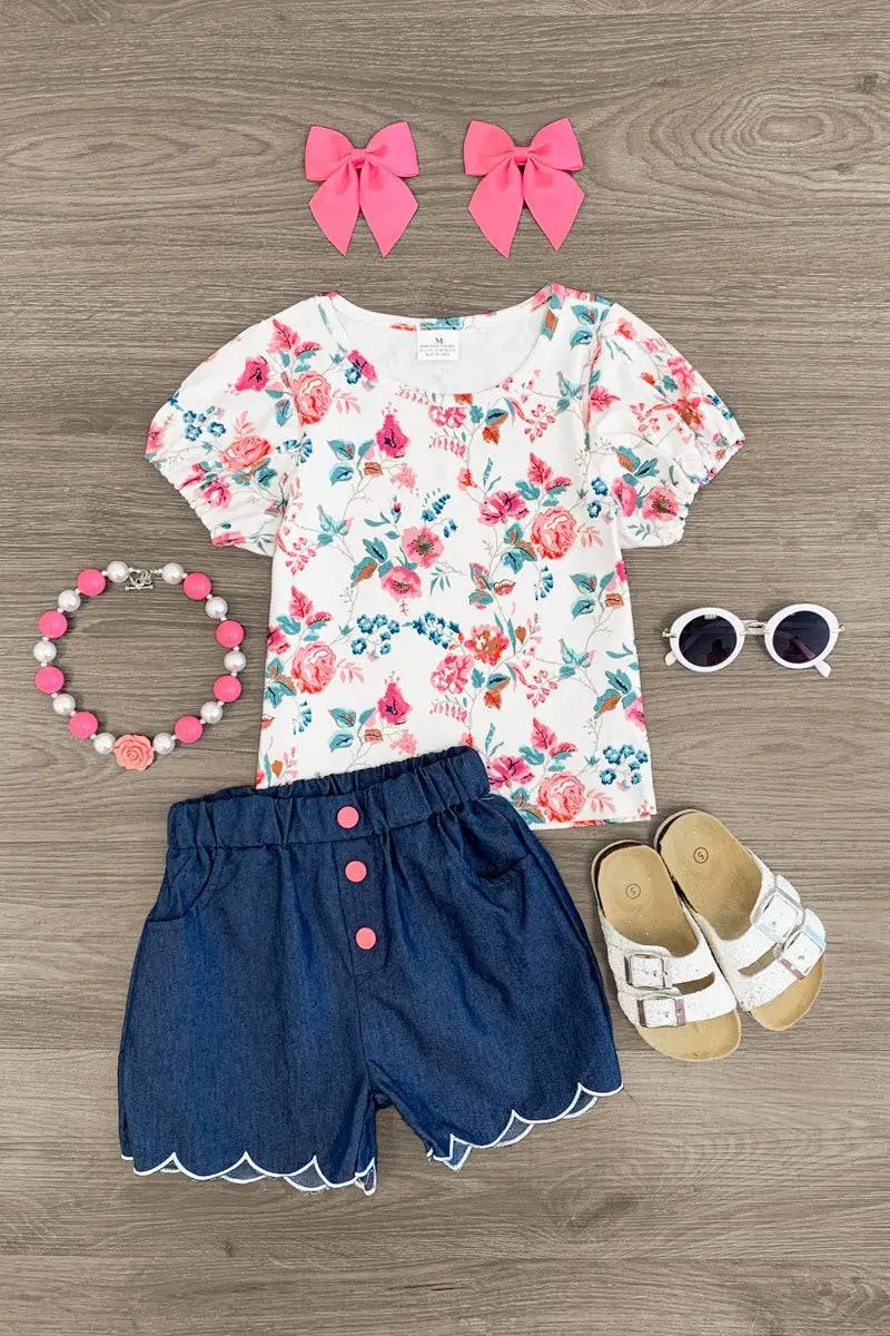 Pink Floral Chambray Short Set