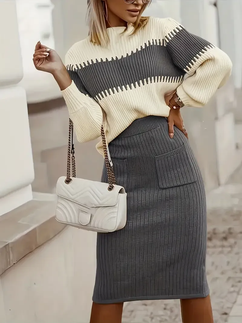 Casual Ribbed Two-piece Set, Color Block Knit Sweater & Solid Midi Sweater Skirts Outfits, Women's Clothing