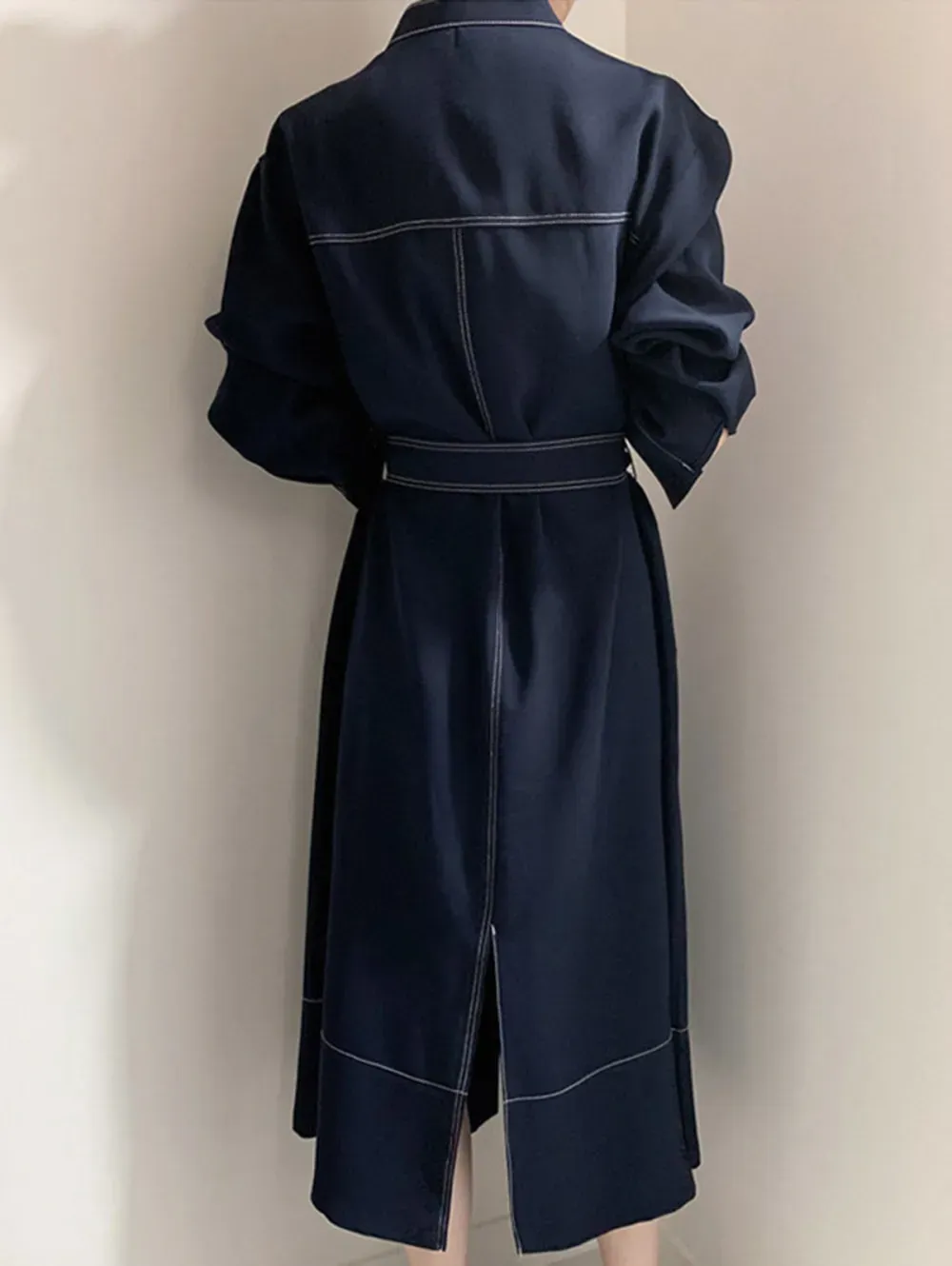 Casual Denim Quilted Stand Collar Lace Up Midi Dress