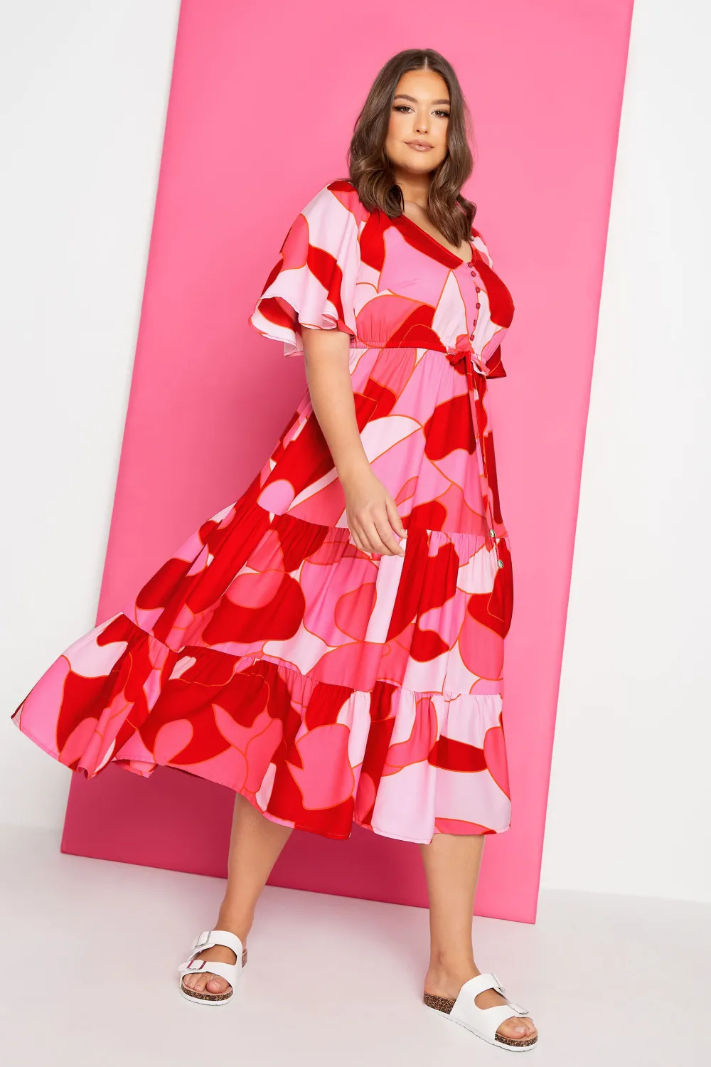 YOURS Curve Pink Abstract Print Tiered Dress