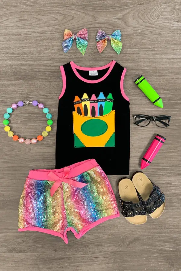 Personalized Rainbow Crayon Sequin Short Set