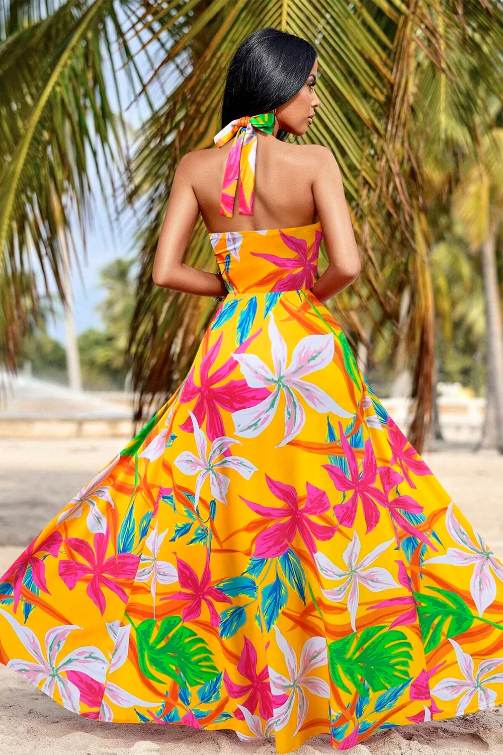 High Slit Halter Neck Backless Maxi Dress For Vacation