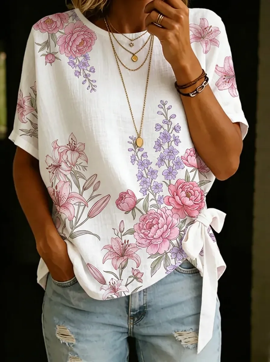 Women's Nashville Floral Lily Peony Printed Side-Tie Top