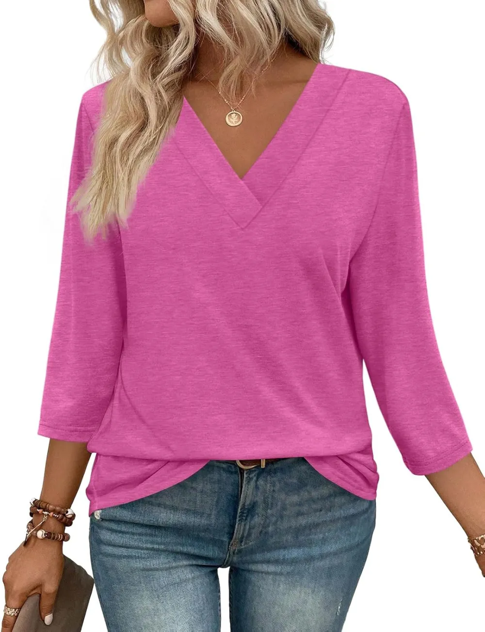 ⏰Hot Sale-Women's V Neck 3/4 Long Sleeve Tops Loose Fit Blouse
