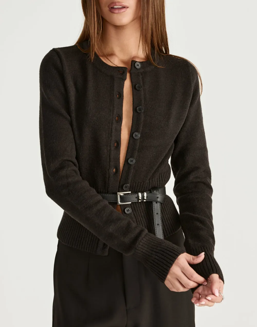 Stretch Ribbed-Knit Button-Down Top