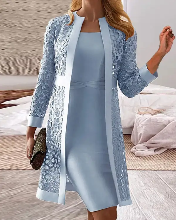 Women's Solid Color Casual Lace Cardigan Dress Two Piece Sets