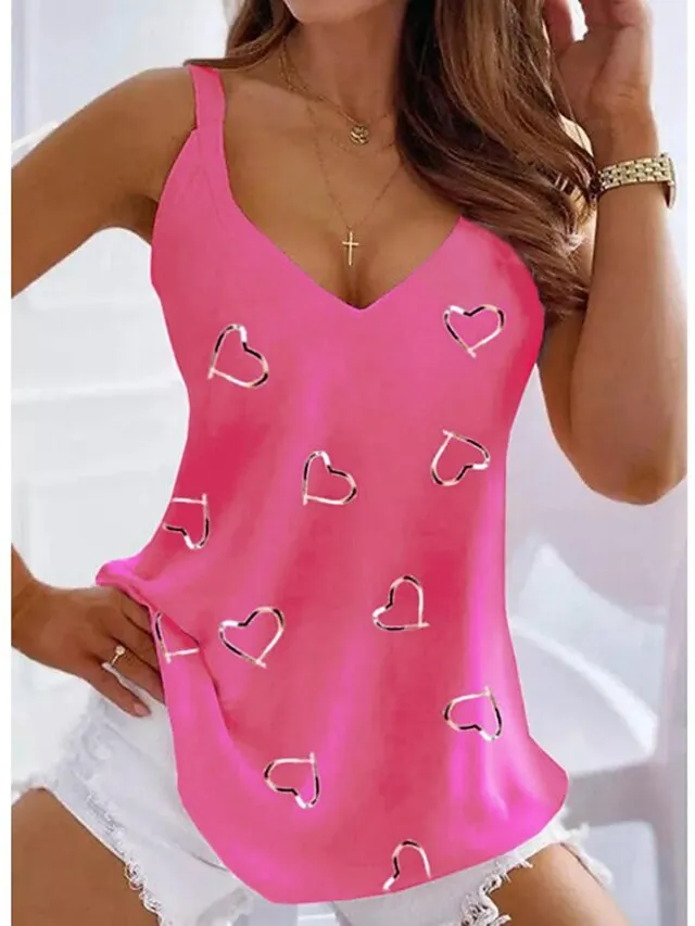 Women's Tank Top Going Out Tops Summer Tops Heart Black White Pink Print Sleeveless Casual Weekend Tunic Basic V Neck Regular Fit