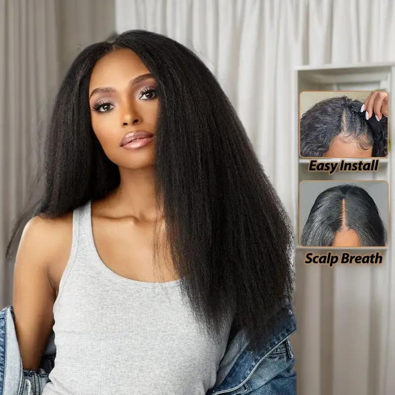 Kinky Straight V Part Wig No Leave Out Upgraded Yaki Straight V Part Wig 100% V Part Human Hair