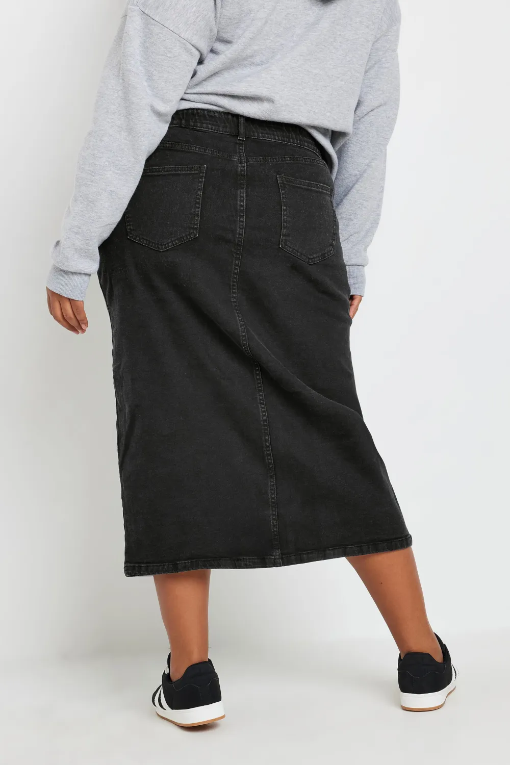 YOURS Curve Black Midi Stretch Denim Skirt