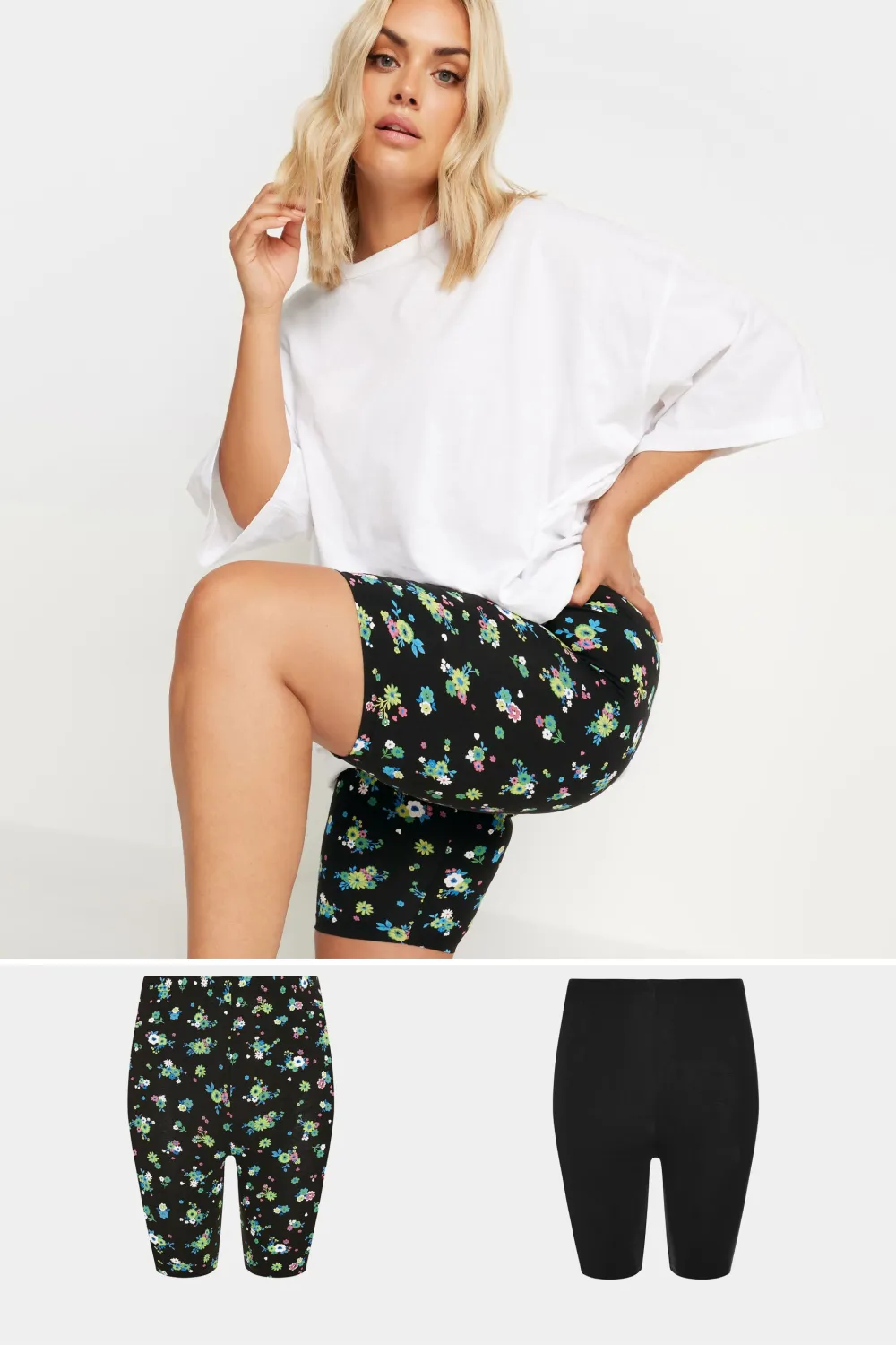 YOURS Curve 2 PACK Black Floral Print Cycling Shorts