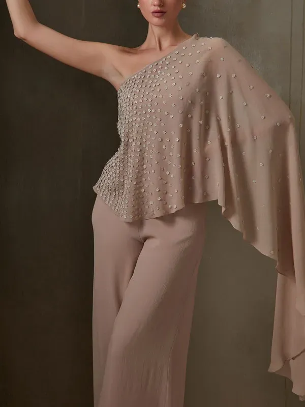 Fluttering Beaded Chiffon One Shoulder Women's Sets