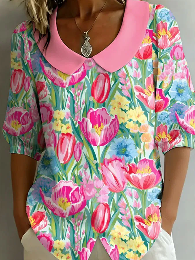 Women'S Flower Art Sleeves Doll Collar Cotton Hemp Shirt