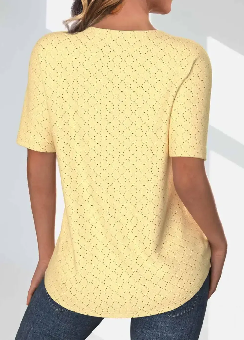 Light Yellow Jacquard Short Sleeve Round Neck T Shirt