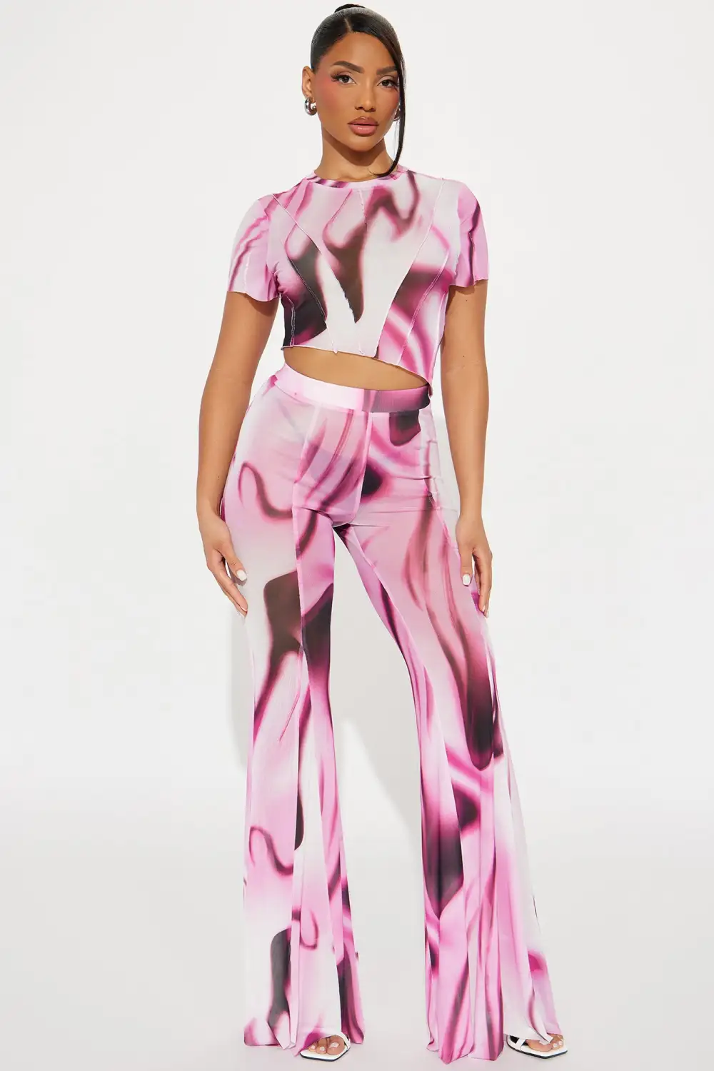 Free Flowing Mesh Pant Set - Pink/combo
