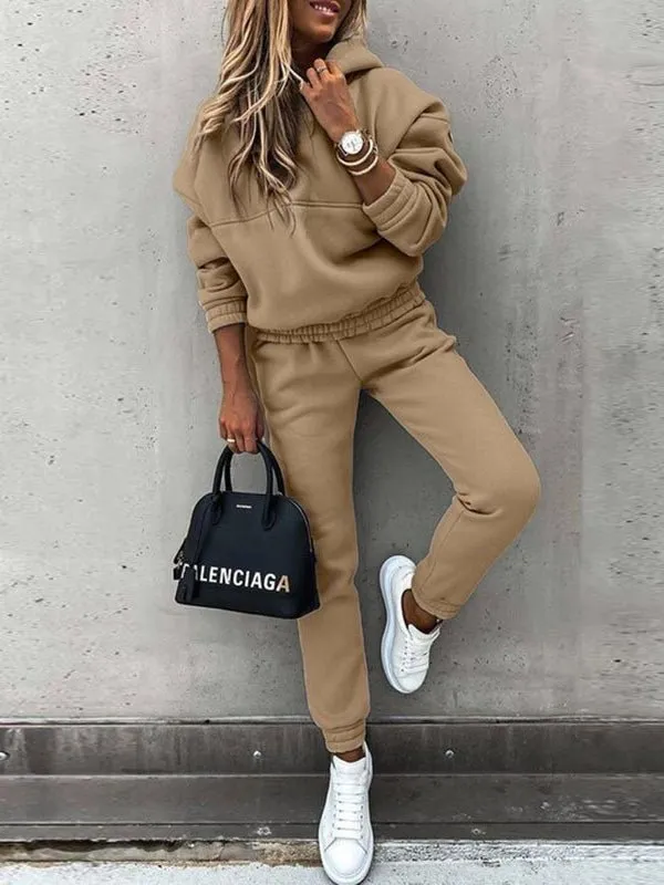 Women's Sets Solid Long Sleeve Hoody & Pants Two-Piece Set
