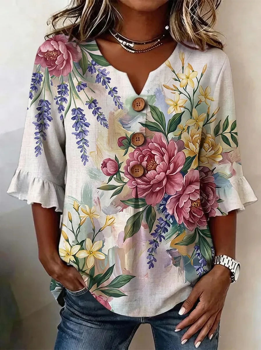 Women's Nashville Floral Peony Lavender Printed V-neck Top