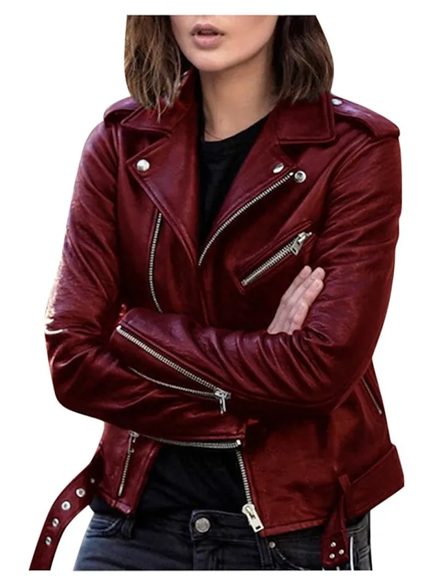 Women's Faux Leather Jacket Fall Moto Biker Coat Waterproof Street Wear with Pocket Zipper Turndown Casual Outerwear Long Sleeve Winter Windproof Black Blue Wine M L XL