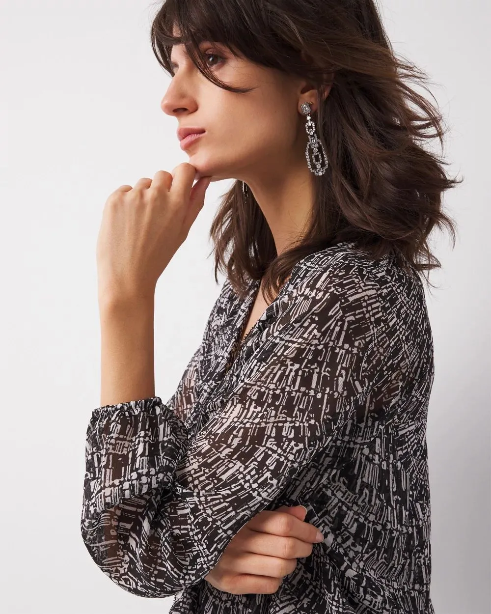 Printed Ruffle Front Blouse
