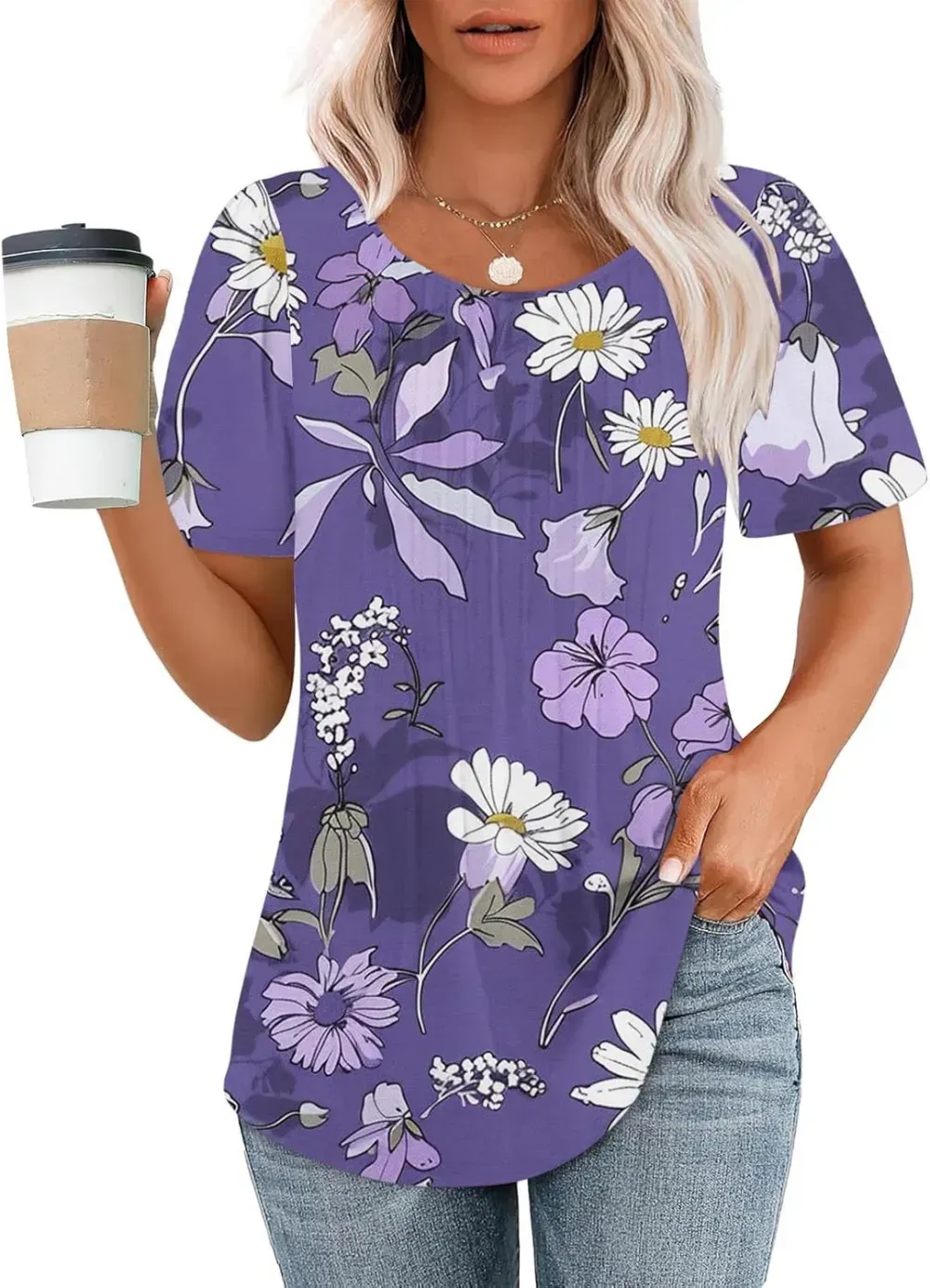 Womens Summer Pleated Front Shirts Tunics Casual Short Sleeved Loose Round Neck Boho Printed Tops Vacation Blouse