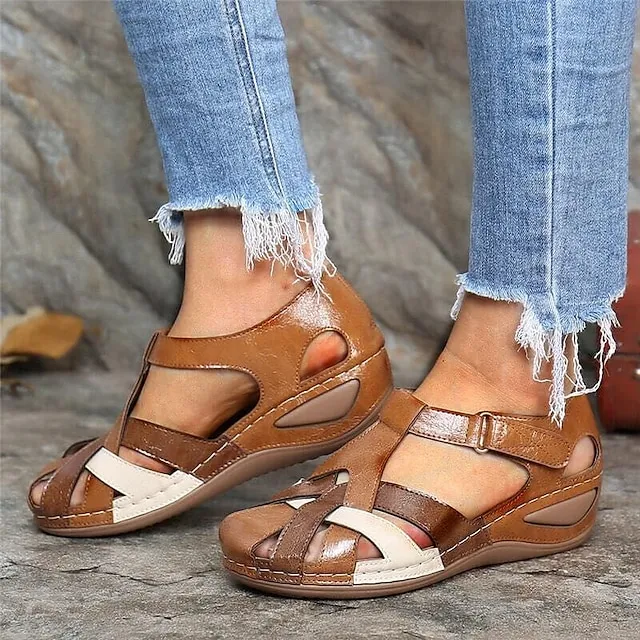 Women's Sandals Wedge Sandals Comfort Shoes Plus Size Outdoor Office Daily Summer Buckle Wedge Heel Round Toe Closed Toe Classic Casual Walking Shoes PU Leather Faux Leather Magic Tape Color Block