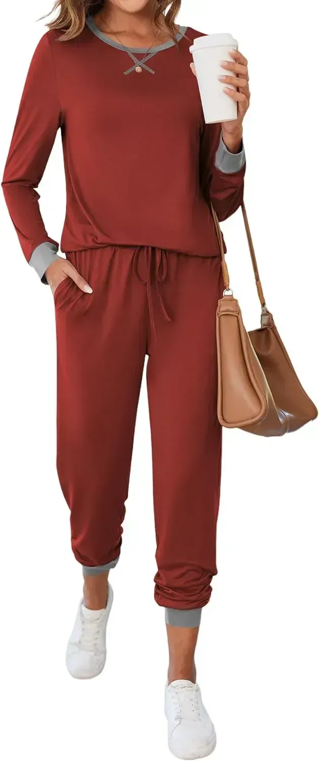 Women's Pajamas Sets Long Sleeve with Plaid Pants Soft Sleepwear O Neck 2 Piece Pjs Joggers Loung Set with Pockets