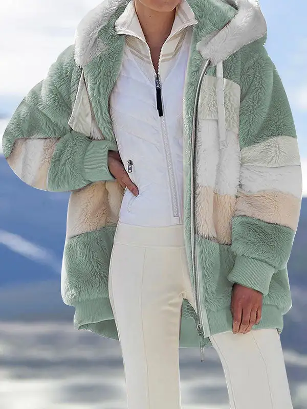 Loose Plush Multicolor Hooded Coat