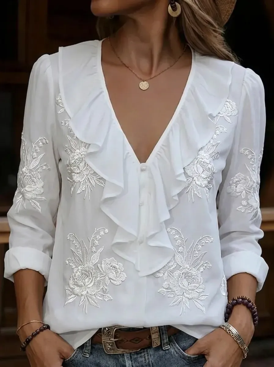 Women's Nashville Floral Embroidery Ruffle V-Neck Printed Top