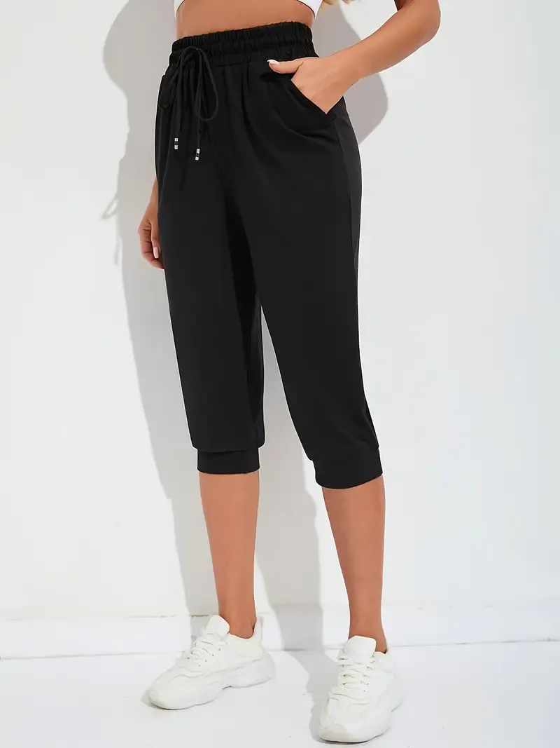 Women's High-Waist Drawstring Yoga Fitness Running Casual Capri Pants, Summer, Loose Wide Leg Sports Capri Trousers, Comfortable Athletic Loungewear