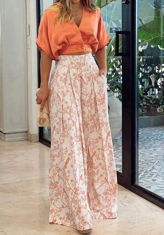 Uptown Girl Shirt Print Wide Leg Pants Set