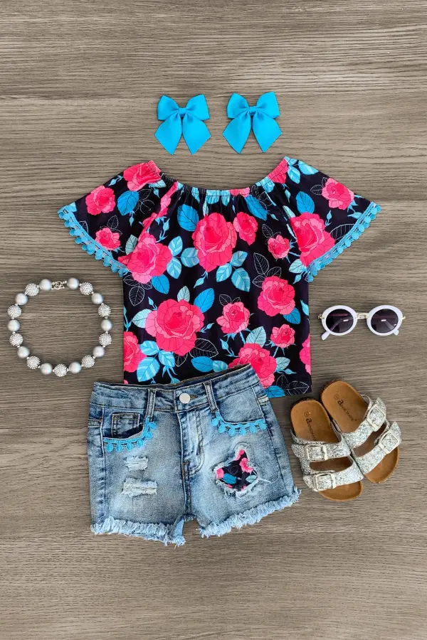 Blue & Pink Rose Denim Short Set