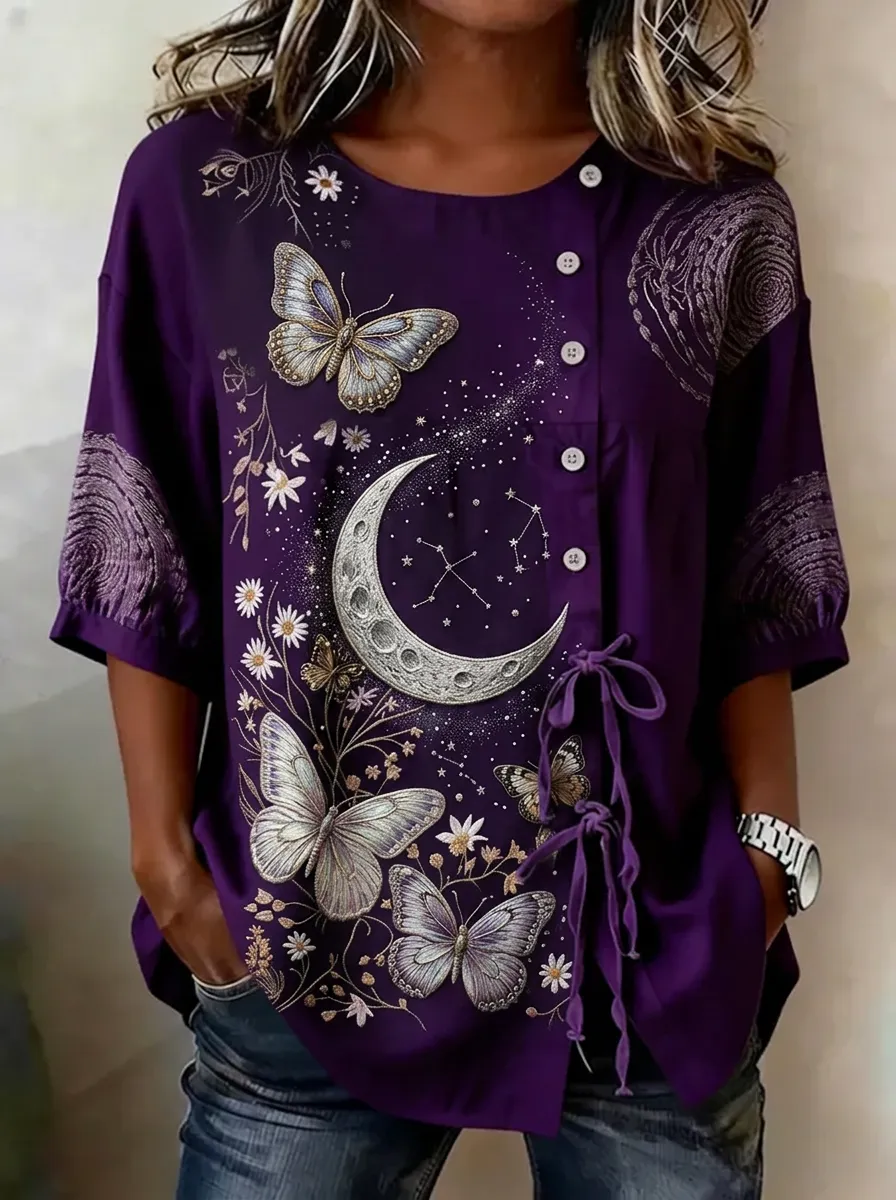 Women's Nashville Celestial Butterfly Moon Printed Button Top