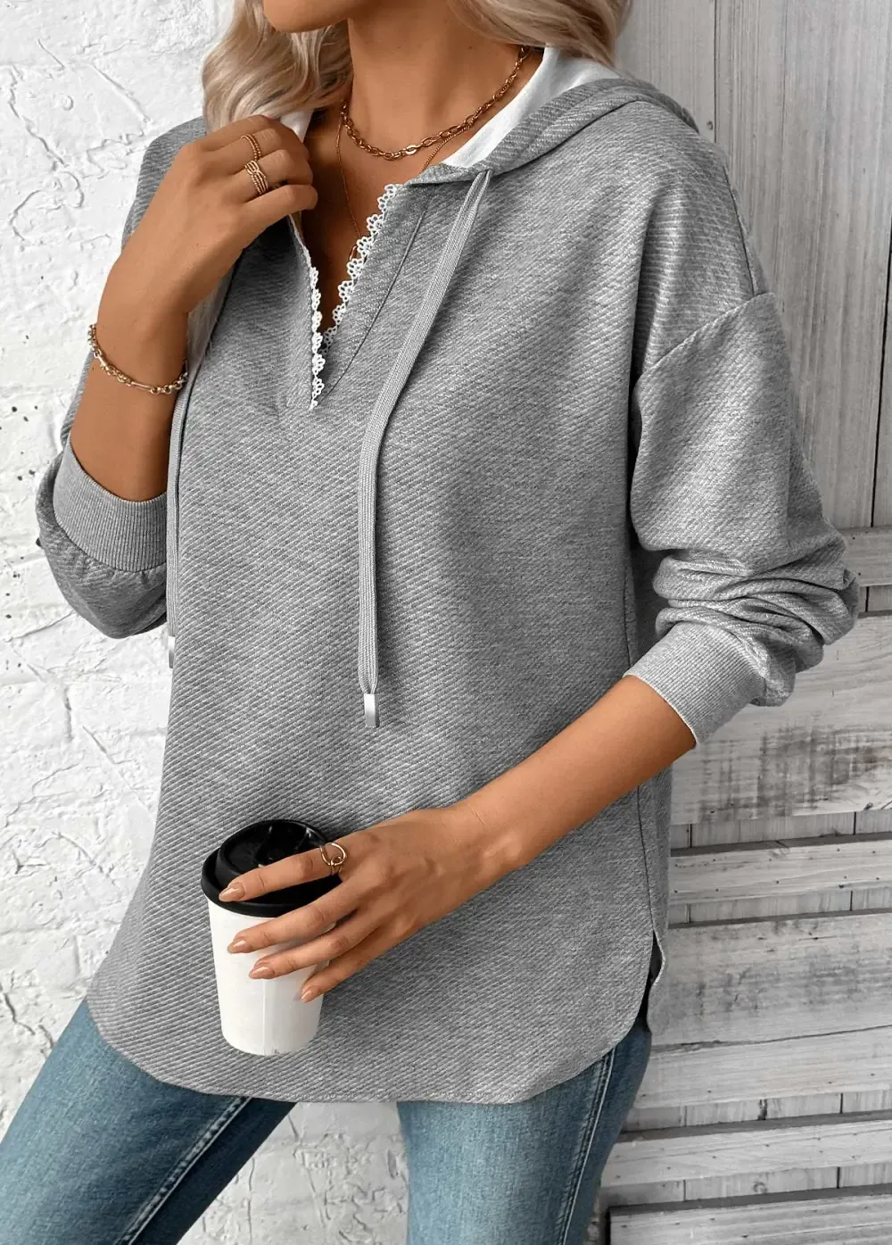 Plus Size Grey Embroidery Long Sleeve Hoodie