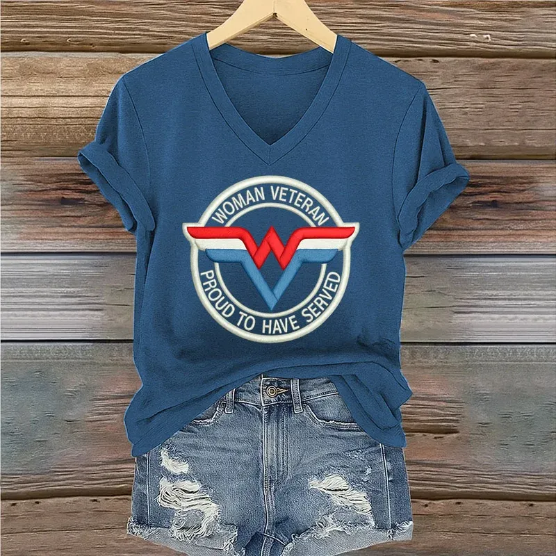 Women's Veteran Print Casual V-Neck Short Sleeve T-Shirt