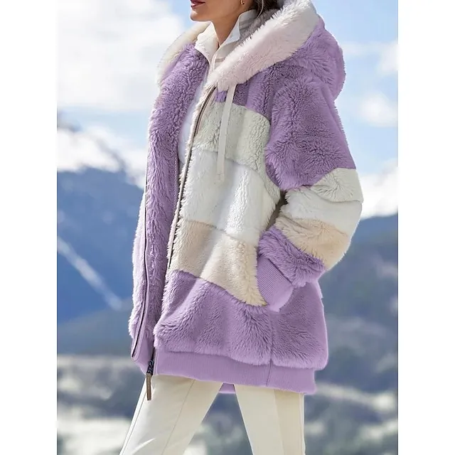 Women's Zip Hoodie Sweatshirt Fleece Pullover Sherpa Fleece Teddy Zip Up Black Wine Blue Color Block Loose Fit Street Casual Hoodie Plus Size Long Sleeve Top Fleece lined Micro-elastic Fall & Winter
