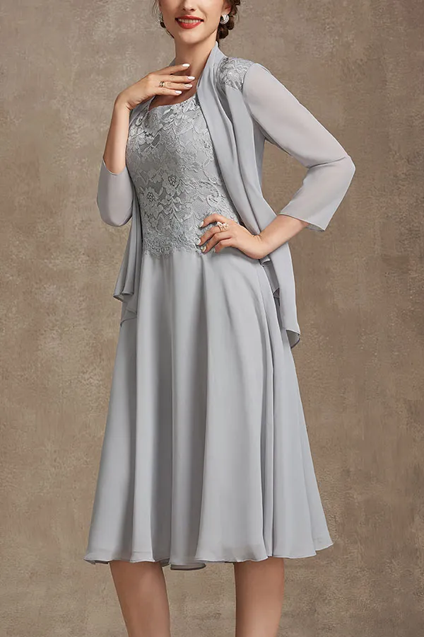 A-Line Square Neckline Knee-Length Chiffon Lace Mother of the Bride Dress