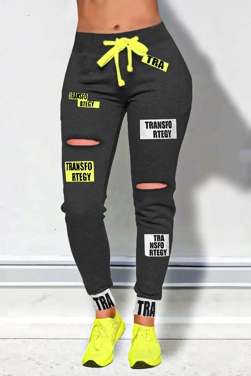 Letter Print Ripped Drawstring Waist Pants