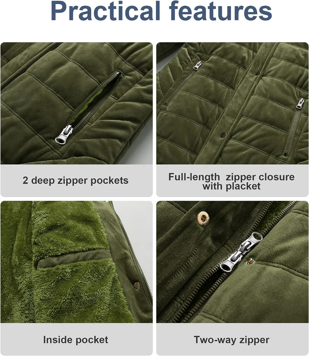 Women's Warm Winter Coat Velvet Puffer Jacket Quilted Faux Fur Hood