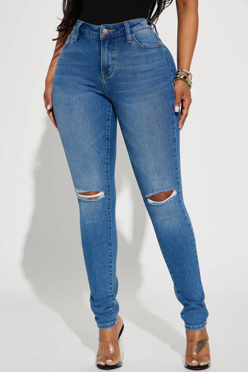 Emerie Knee Slit Mid Rise Skinny Jeans - Medium Wash