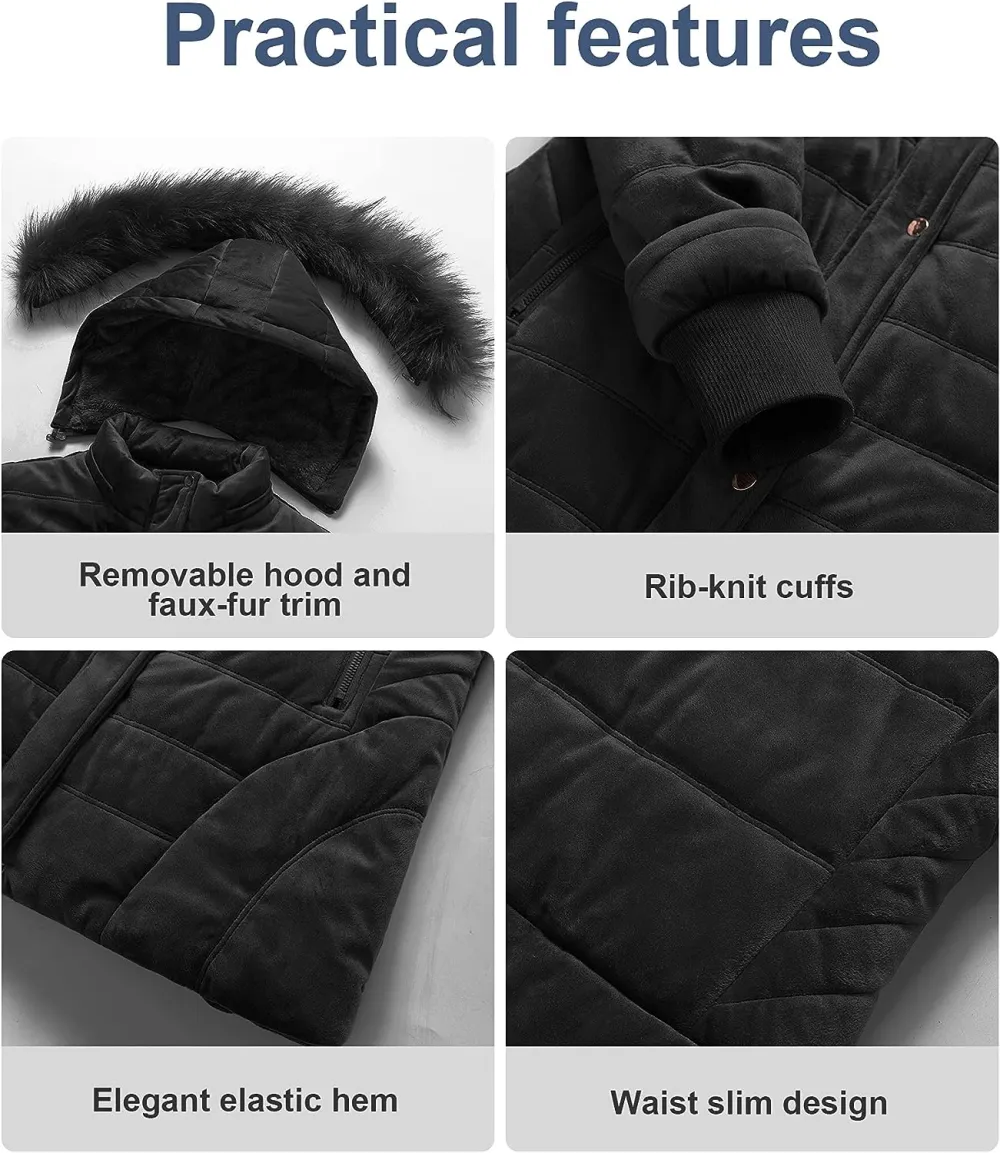 Women's Warm Winter Coat Velvet Puffer Jacket Quilted Faux Fur Hood