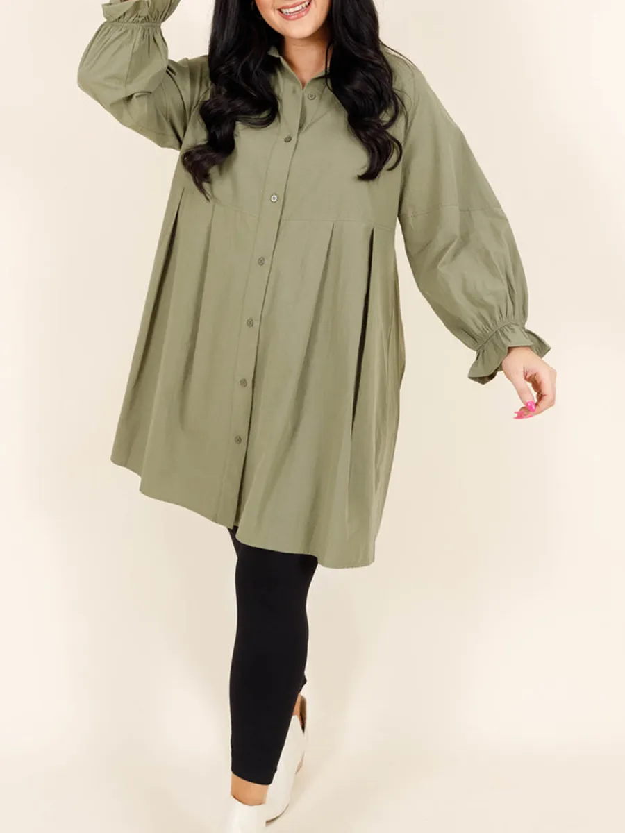 五个分类-Green pleated button loose fitting shirt
