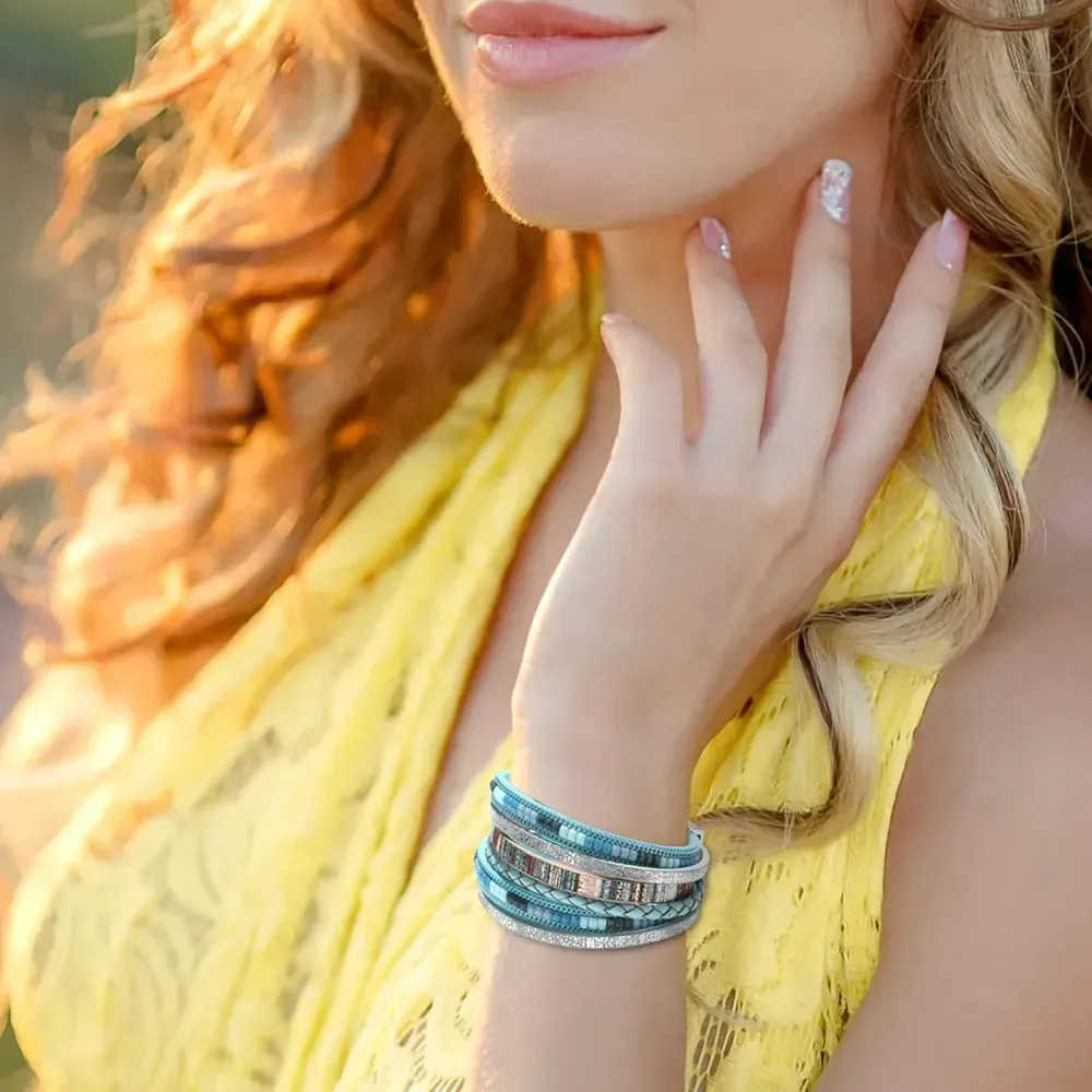 Fesciory Leather Wrap Bracelets for Women, Boho Leopard Multi-Layer Crystal Beads Cuff Bracelet Jewelry